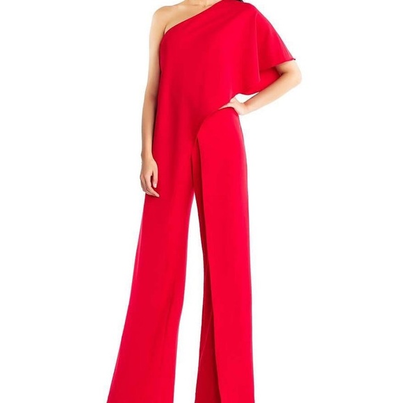 Adrianna Papell Pants - Adrianna Papell One-Shoulder Wide-Leg Jumpsuit in Bright Red